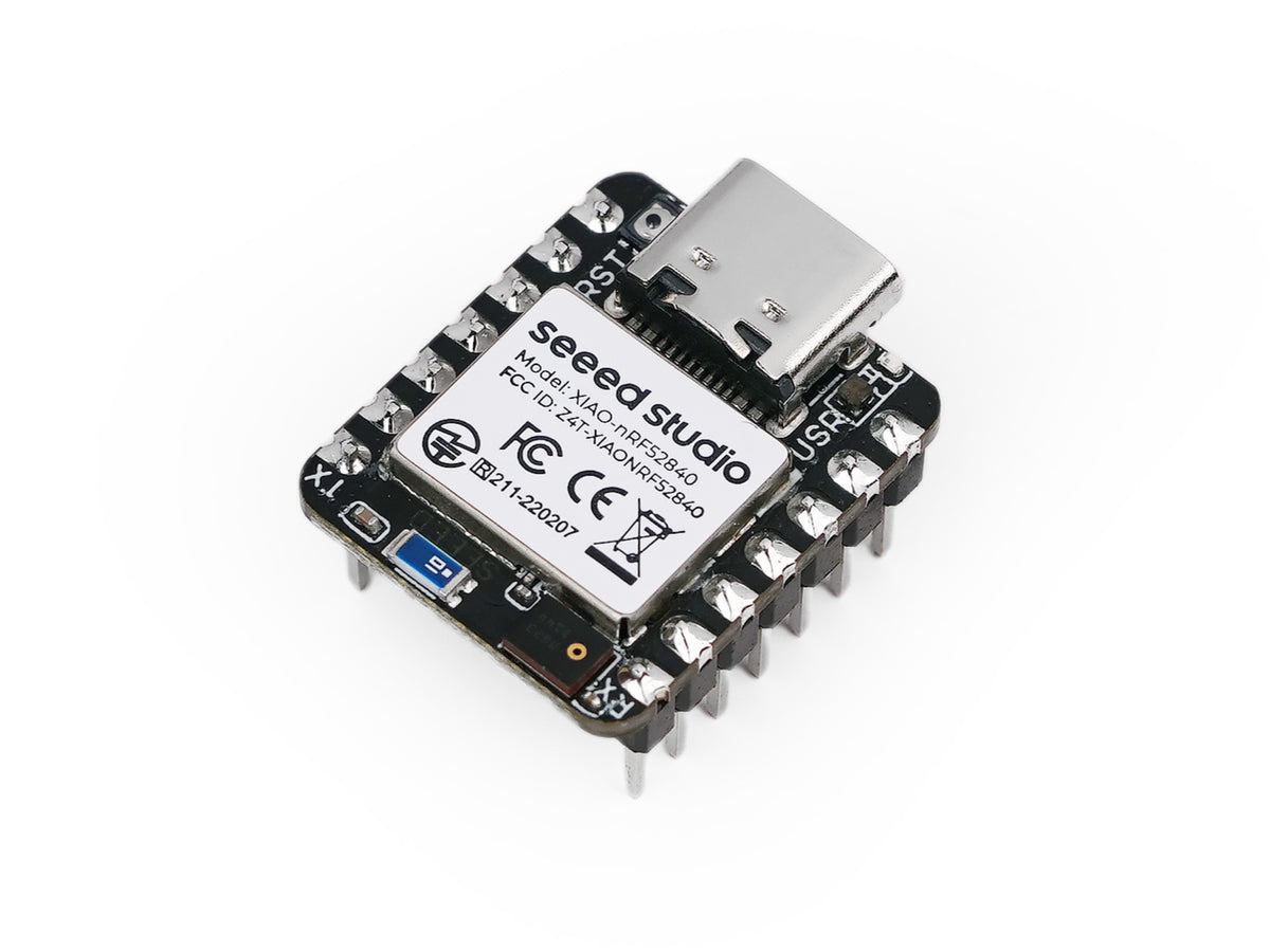 Seeed Studio XIAO nRF52840 Sense with pre-soldered headers, angled view