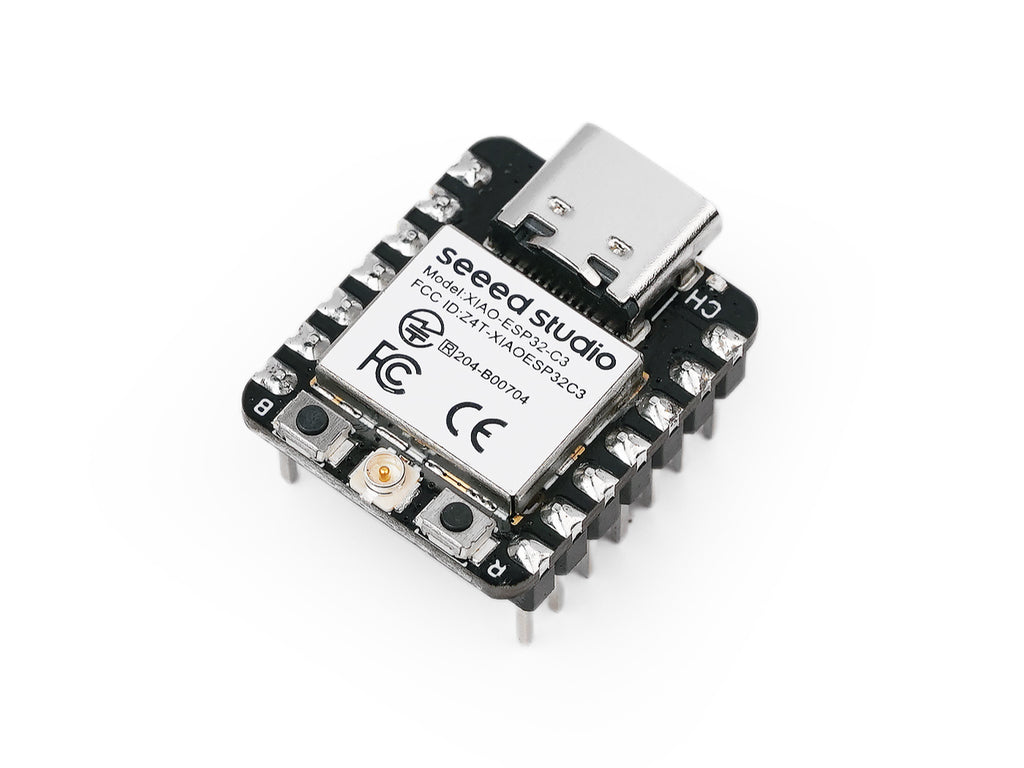 Seeed Studio XIAO ESP32-C3 with pre-soldered headers, angled view