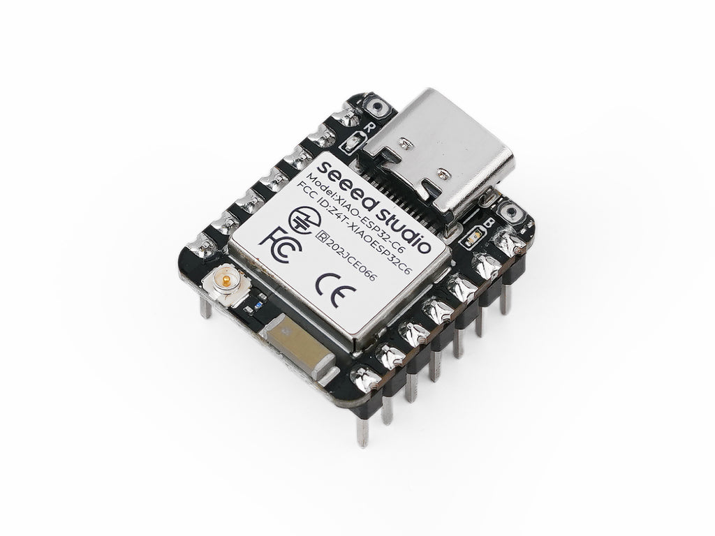 Seeed Studio XIAO ESP32-C6 with pre-soldered headers, angled view