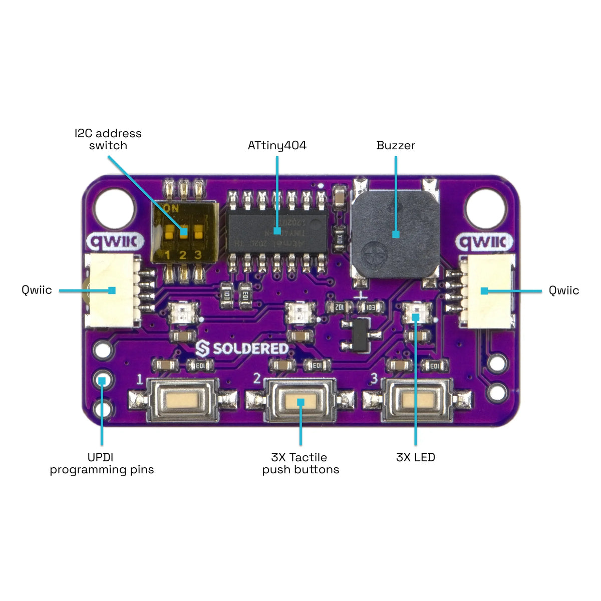 Soldered Button, LED & Buzzer Board with easyC / Qwiic