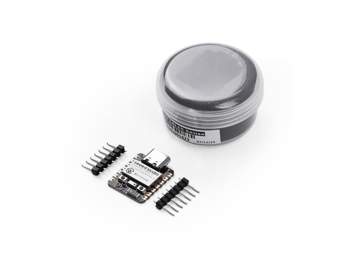 Seeed Studio XIAO nRF54L15 Sense with packaging and pin headers
