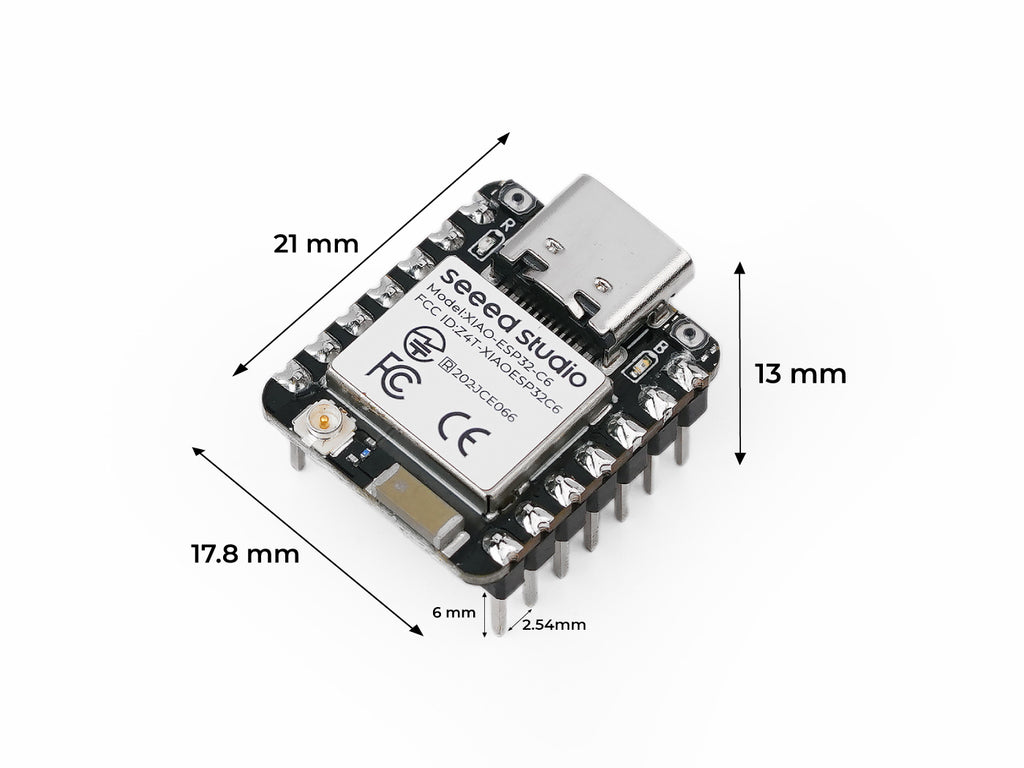 Seeed Studio XIAO ESP32-C6 with pre-soldered headers, dimensions
