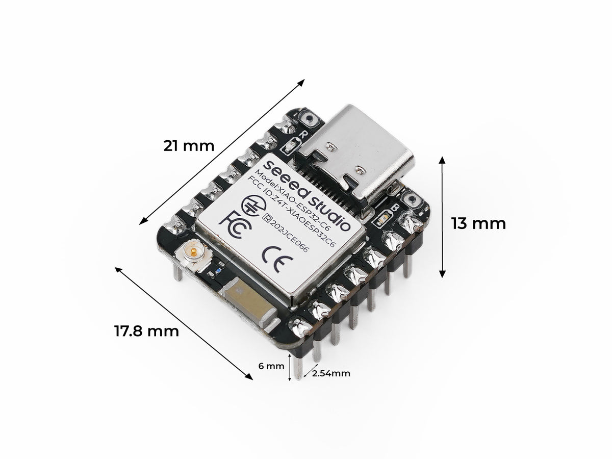 Seeed Studio XIAO ESP32-C6 with pre-soldered headers, dimensions