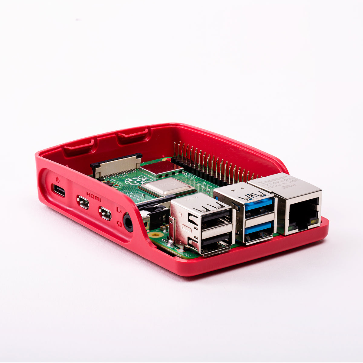 Raspberry Pi 4 official case, open with a Raspberry Pi 4 inside