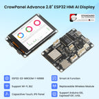Elecrow CrowPanel Advance 2.8-inch ESP32-S3 display, front and back with key features