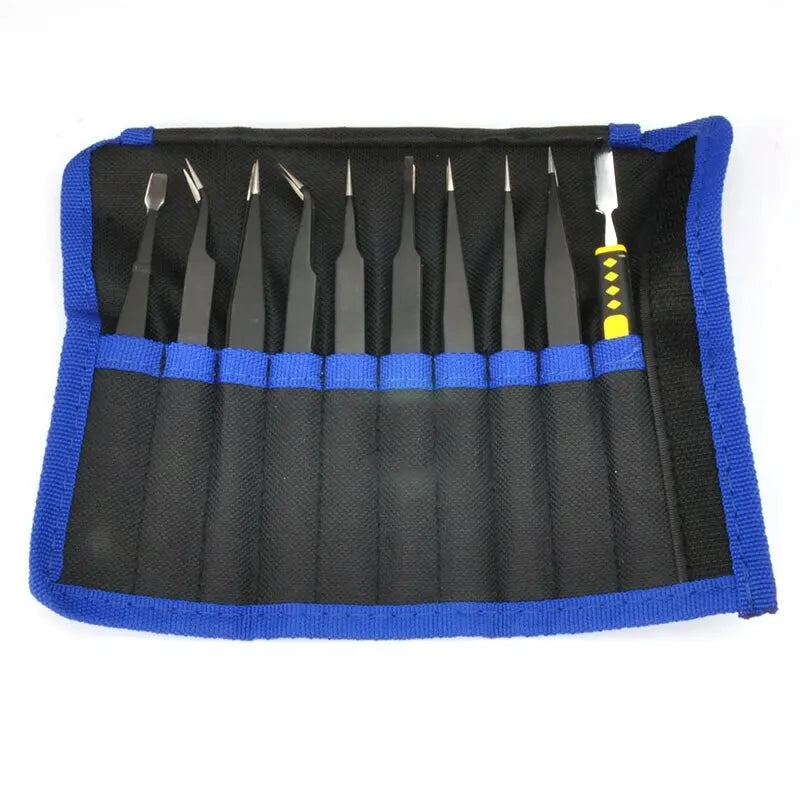 Stainless Steel Precision Antistatic Electrostatic Tweezers Set Maintenance Tools Professional Electronic Tweezers 10Pcs