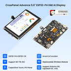 Elecrow CrowPanel Advance 5-inch ESP32-P4 display, front and back with key features