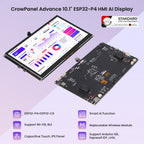 Elecrow CrowPanel Advance 10.1-inch ESP32-P4 display, front and back with key features