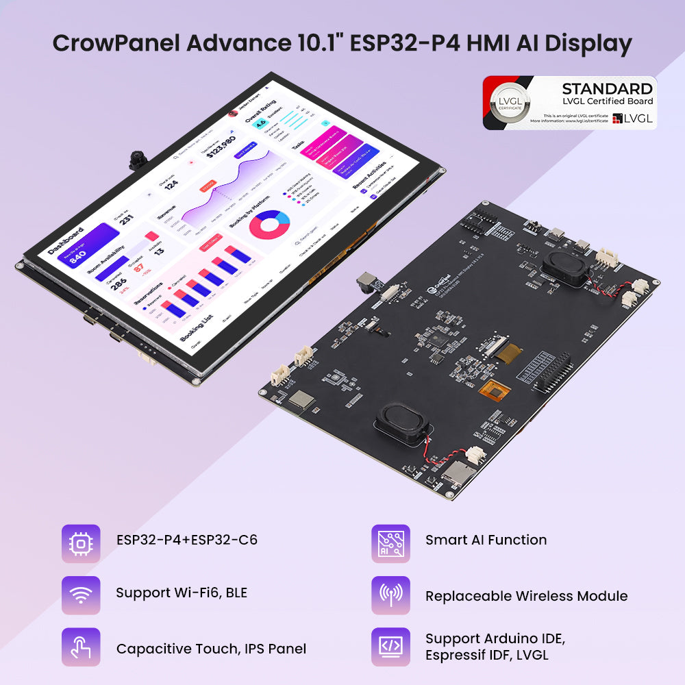 Elecrow CrowPanel Advance 10.1-inch ESP32-P4 display, front and back with key features