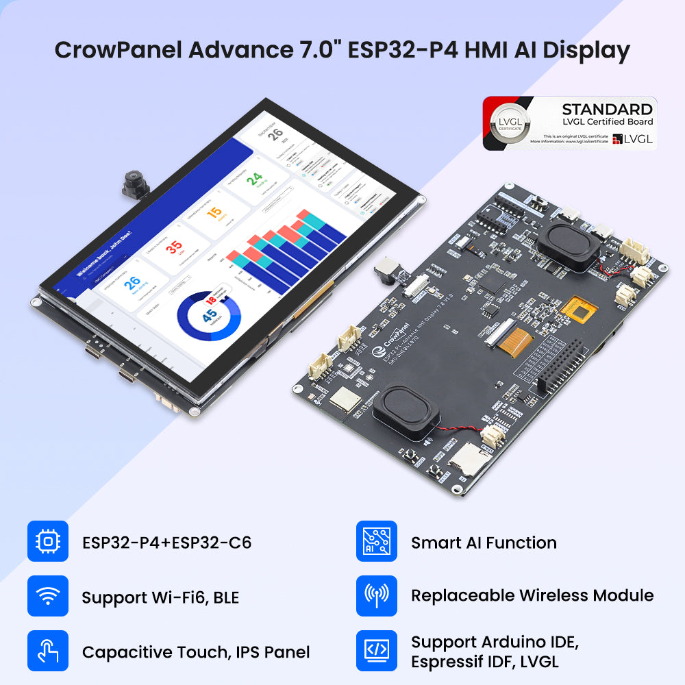 Elecrow CrowPanel Advance 7-inch ESP32-P4 display, front and back with key features