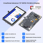 Elecrow CrowPanel Advance 7-inch ESP32-P4 display, front and back with key features