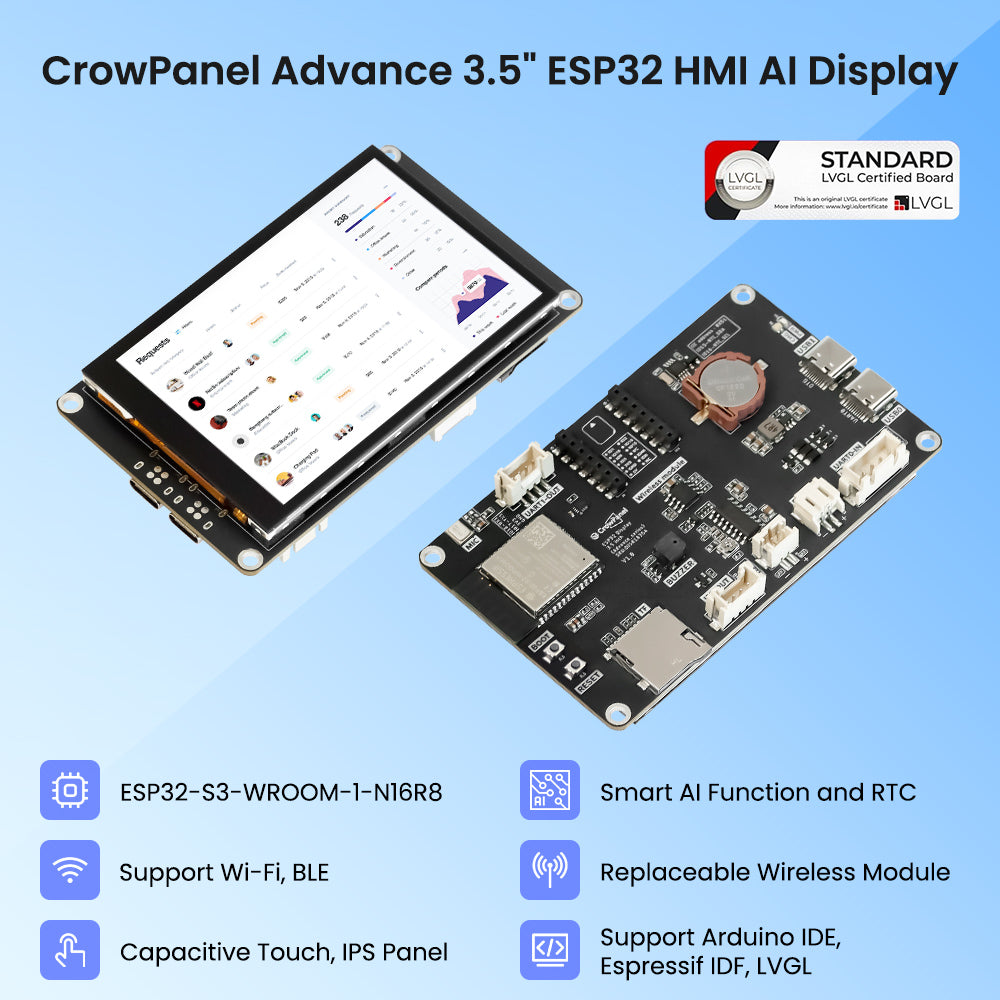 Elecrow CrowPanel Advance 3.5-inch ESP32-S3 display, front and back with key features
