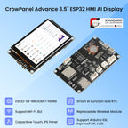 Elecrow CrowPanel Advance 3.5-inch ESP32-S3 display, front and back with key features