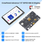 Elecrow CrowPanel Advance 7-inch ESP32-S3 display, front and back with key features