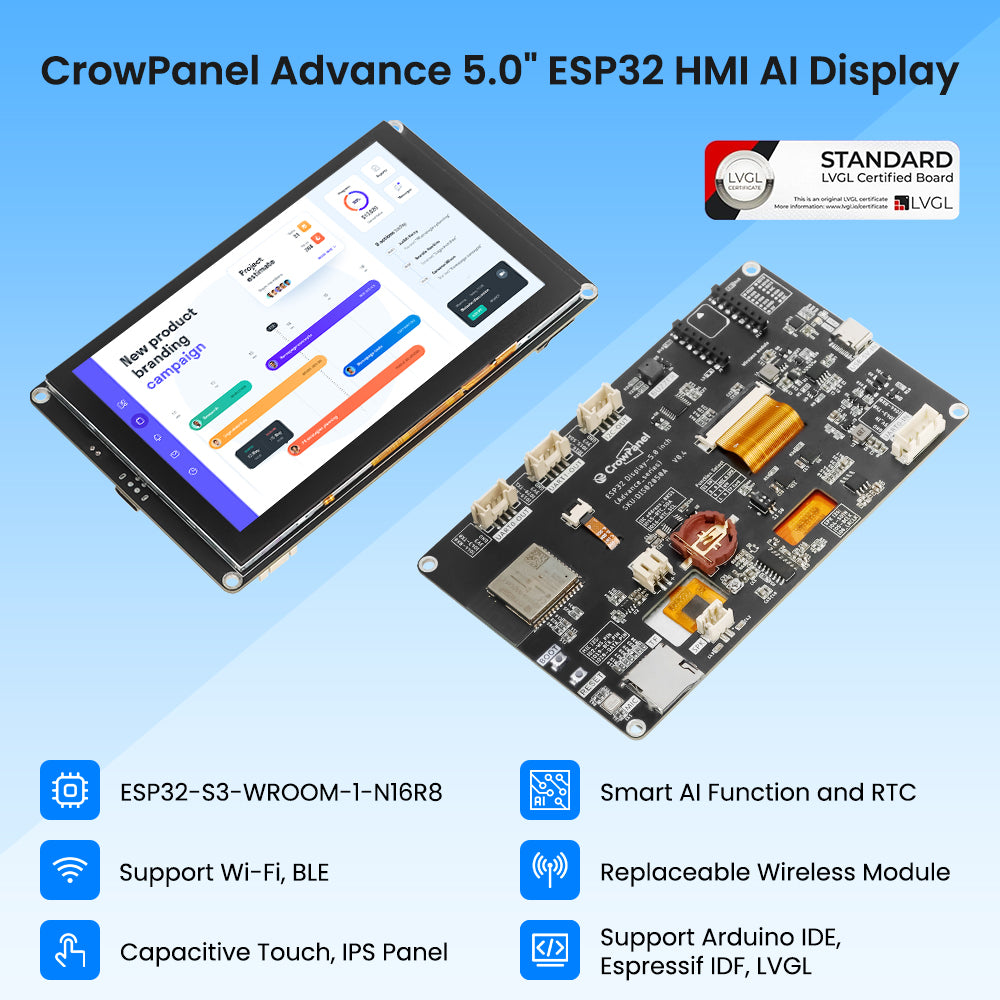 Elecrow CrowPanel Advance 5-inch ESP32-S3 display, front and back with key features