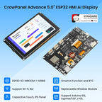 Elecrow CrowPanel Advance 5-inch ESP32-S3 display, front and back with key features