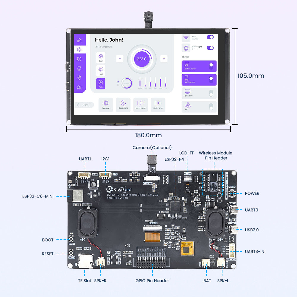Elecrow CrowPanel Advance 7-inch ESP32-P4 display, hardware overview and dimensions